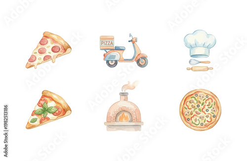 Watercolor Pizza and Delivery Icon Set with Slices, Oven, and Chef Hat