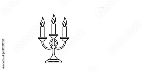 A simple black and white line drawing of a classic three-armed candelabra with three lit candles Vector, illustration