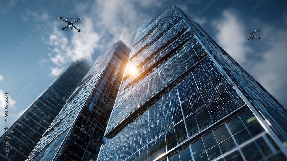 Fototapeta premium Urban Skyline with Drones: Modern glass skyscrapers reach towards a bright sky, accompanied by the futuristic presence of hovering drones. Witness a visual exploration of innovation, technology.