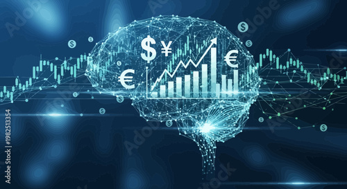 Conceptual digital brain with currency symbols and stock charts on dark background