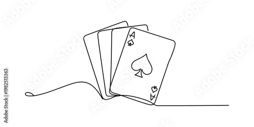 Continuous single line drawing of a set of four playing cards featuring the ace of spades symbol. Vector, illustration