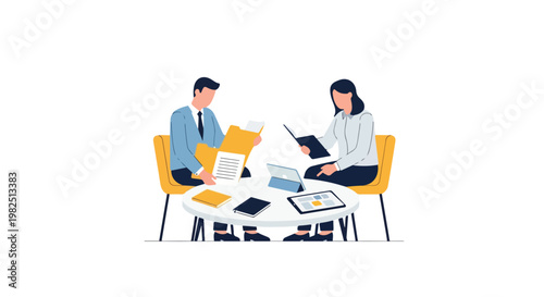A professional man and woman collaborate in an office setting, reviewing documents and digital tablets around a white circular table.