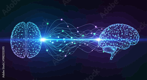 Conceptual digital illustration of two brains connected by luminous lines