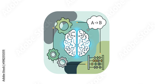 Conceptual illustration of a brain with gears and abacus on white background