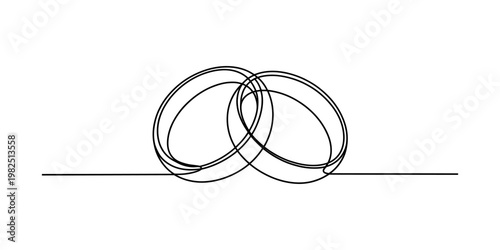 Minimalist continuous line drawing depicting two interlocking rings representing wedding bands Vector, illustration
