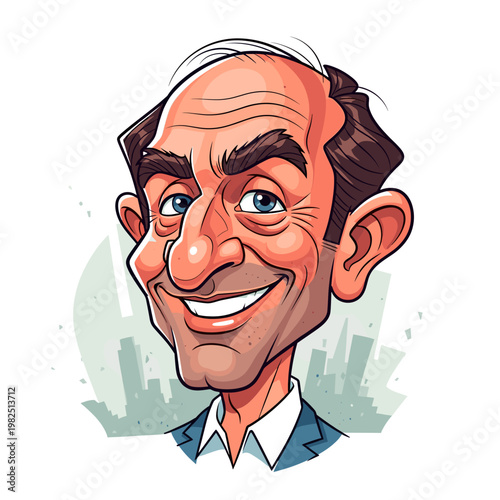 Caricature of a smiling man with blue eyes and receding hairline, wearing a suit, against a city skyline background.