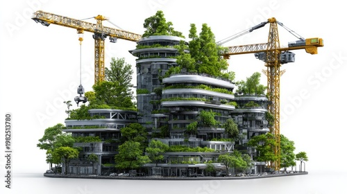 Eco-City in Progress: A visionary eco-city emerges, showcasing sustainable construction with lush greenery integrated into the architectural design and towering cranes facilitating the ongoing build.