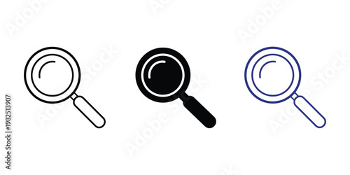 Magnifying glass icons in black, white, and blue