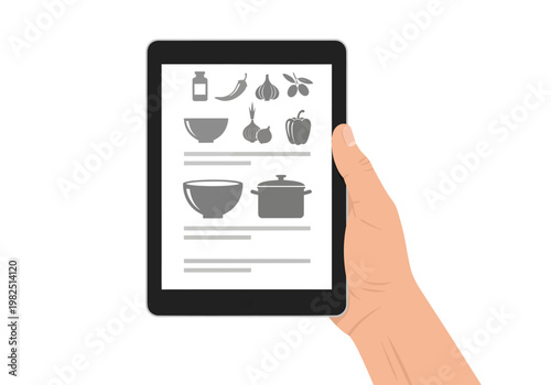 A single human hand firmly grasps a sleek black tablet computer, which beautifully displays a digital recipe page containing monochromatic vector illustrations of various vegetables and a covered pot