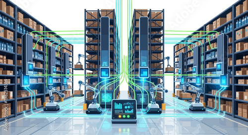An isometric illustration depicts a modern warehouse with robotic arms and automated machines handling package distribution, showcasing advanced technology and digital production