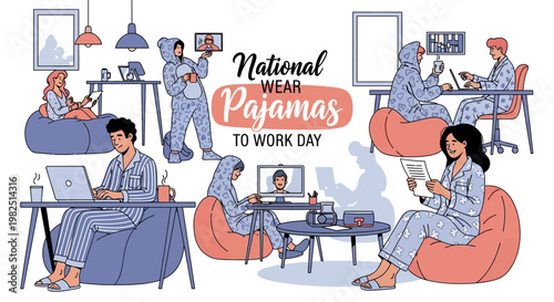 Vector illustration showing National Wear Pajamas to Work Day, depicting diverse people working remotely in their pajamas on beanbag chairs and at desks in a bright, modern office