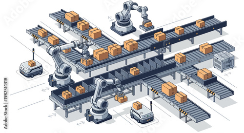 Isometric illustration depicting automated robotic arms sorting boxes on conveyor belts within a modern warehouse, showcasing advanced industry capabilities in a clean, bright