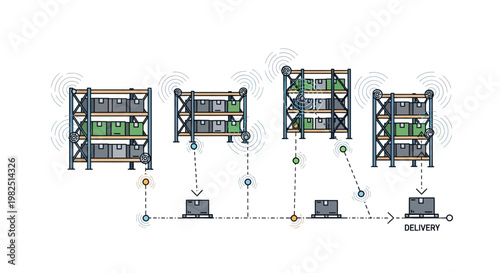 Conceptual vector illustration depicts automated warehouse shelves connected by dotted lines to delivery drones in a system representing industry 4.0, set against a clean white background