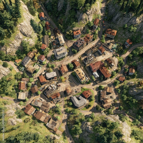 An aerial view of a small, densely packed mountain village with winding roads and lush greenery surrounding the houses.