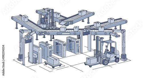 Isometric view of a automated warehouse in the industry featuring a complex conveyor system with packages, forklifts, and scanning devices, rendered in a clean, minimalist style and a cool