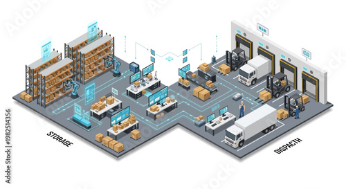 Isometric vector illustration depicting a modern warehouse operation showcasing automated production and storage, complete with logistics trucks and robotic systems, all rendered