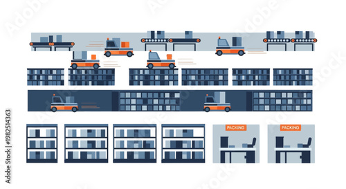 Overhead view of a modern automated warehouse system, showcasing shelves, conveyor belts, and robotic forklifts moving goods within a facility, presented in a flat vector style