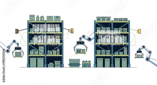 A detailed vector illustration depicts robotic arms automating warehouse production and logistics, organizing stock on shelves in a clean, white space, conveying the efficiency of industry