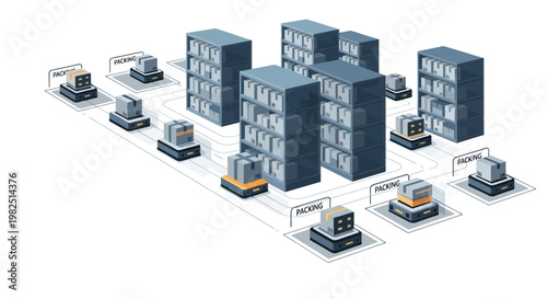 Isometric vector illustration depicting warehouse automation in industry 4.0, showcasing autonomous vehicles moving goods between storage racks against a clean white background, rendered