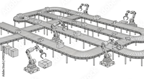 Isometric vector illustration depicting a robotic assembly line in a modern industry 4.0 warehouse, showcasing automated production of goods on conveyor belts with robotic arms, rendered