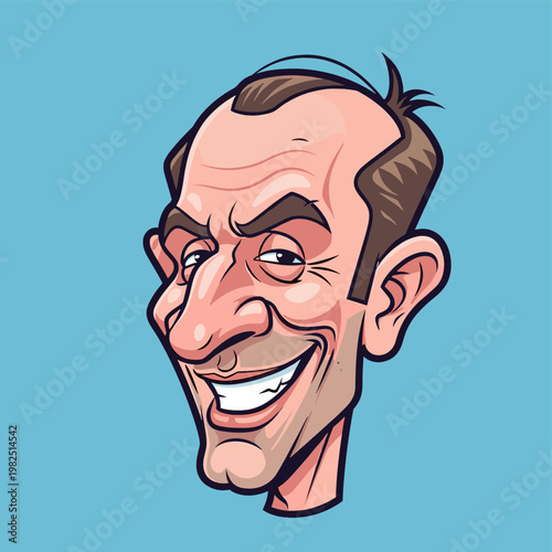 A caricature of a smiling bald man with prominent features and a light blue background.