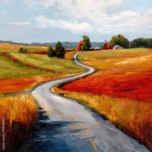 A winding country road meanders through vibrant fields under a partly cloudy sky, leading to distant trees and farm buildings in a scenic rural landscape.