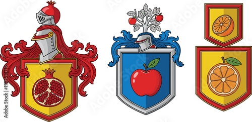 Fruit-Themed Coat of Arms Icon Set, Featuring Pomegranates, Apples, Oranges, and Knight Helmets in Heraldic Style