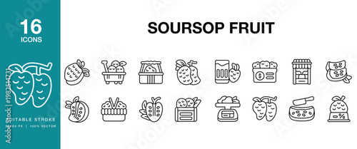 Soursop Fruit icon set. Includes soursop, fruit, tropical, green, fresh, ripe and More. Editable Stroke Icon Collection.