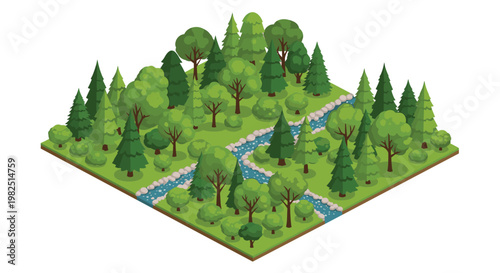 Detailed isometric forest landscape with a meandering river flowing through dense green coniferous and deciduous trees on a vibrant grassy terrain patch.