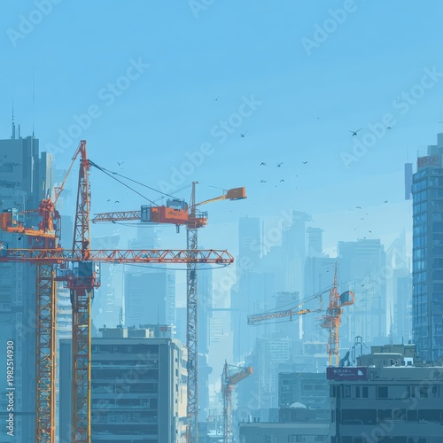 A city skyline under construction with multiple cranes amidst tall buildings and a clear blue sky.