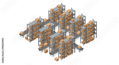 Dense rows of organized metal shelving units packed with brown cardboard boxes in a high-capacity storage warehouse facility with soft neutral lighting.
