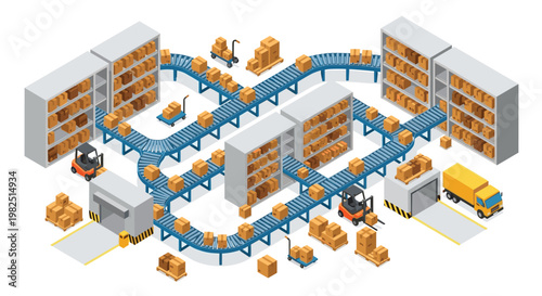 Automated warehouse logistics system featuring complex blue conveyor belts and cardboard boxes moving through a clean industrial facility with bright lighting.