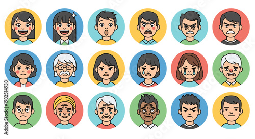 Collection of diverse cartoon avatars displaying a wide range of human emotions and expressions.