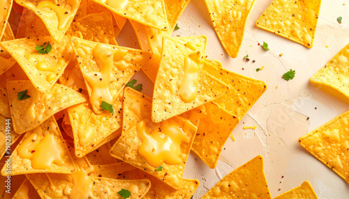 Delicious golden tortilla chips with melted cheddar cheese topping and parsley garnish on a creamy off-white surface in bright studio lighting
