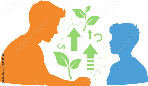 Growth and Development Icon Set with Two Figures, Arrows, and Nature Symbols for Personal Growth, Education, and Sustainability Designs