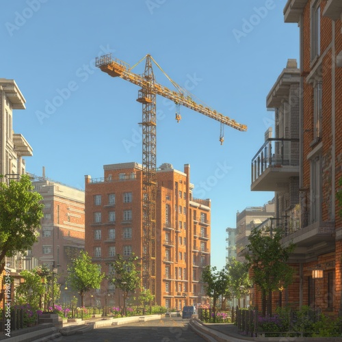 A construction crane towers over a city street with modern apartment buildings and lush green trees, indicating urban development and expansion.