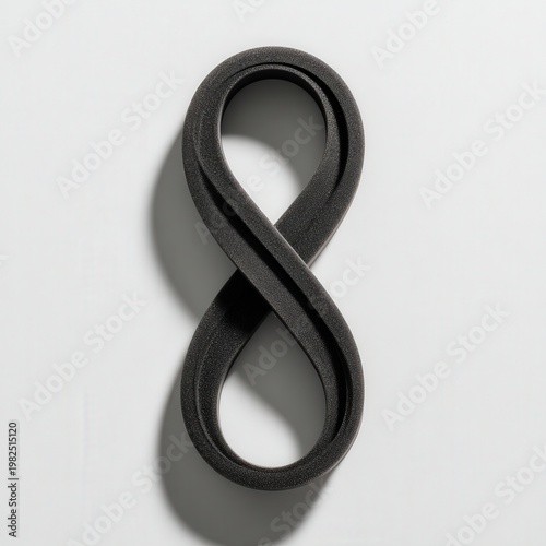 A metallic, abstract infinity symbol sculpture casting a shadow on a white background.