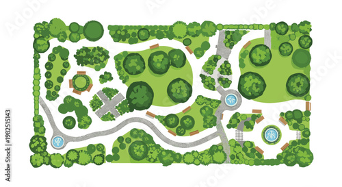 Intricate aerial park map layout showcasing winding stone pathways, central water fountains, wooden benches, and lush green grass patches for urban design.