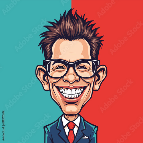 A vibrant caricature of a man with spiky hair, large ears, and glasses, wearing a suit and tie, with a wide, toothy grin against a split red and teal background.