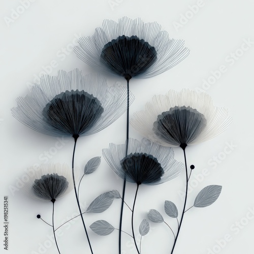 Delicate metallic flowers with intricate petal designs and slender stems, set against a light background, creating an elegant, modern botanical art piece.
