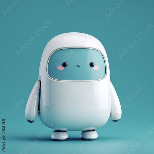 A cute, smiling robot with a rounded body, small arms, and a friendly face, set against a teal background.