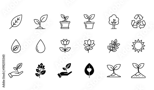 Collection of environmental and nature themed vector icons including leaves trees plants and recycling symbols for sustainable and eco-friendly design projects