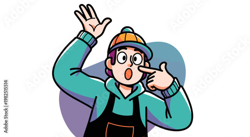 A surprised young person wearing a beanie and overalls, pointing at their eye with a shocked expression.