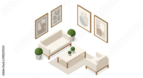 A cozy isometric living room arrangement features a plush sofa and armchair with a central coffee table surrounded by lush green potted indoor plants.
