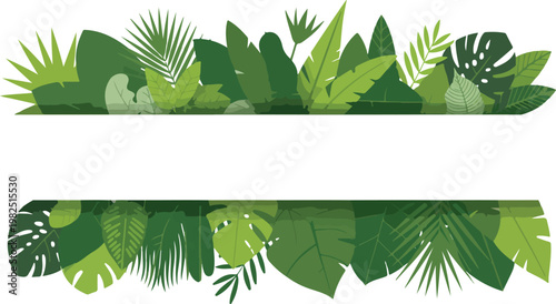 Minimalist tropical foliage horizontal bands vector illustration with monstera palm leaves flat design green botanical pattern isolated on white background
