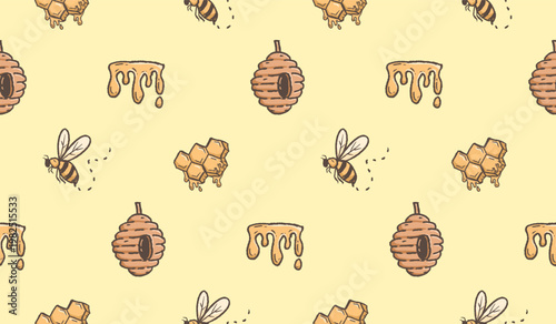 Honey hand drawn pattern. Honey farm background doodle. Outline sketch of beehive illustration seamless pattern for packaging containing honeycomb, jar, bumblebee.