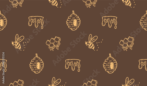 Honey hand drawn pattern. Honey farm background doodle. Outline sketch of beehive illustration seamless pattern for packaging containing honeycomb, jar, bumblebee.