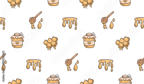 Honey hand drawn pattern. Honey farm background doodle. Outline sketch of beehive illustration seamless pattern for packaging containing honeycomb, jar, dipper.