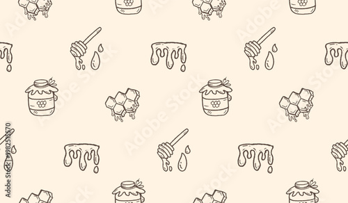 Honey hand drawn pattern. Honey farm background doodle. Outline sketch of beehive illustration seamless pattern for packaging containing honeycomb, jar, dipper.