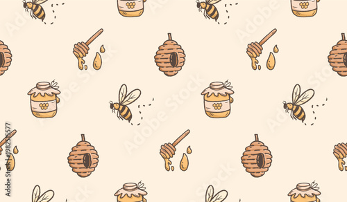 Honey hand drawn pattern. Honey farm background doodle. Outline sketch of beehive illustration seamless pattern for packaging containing honeycomb, jar, dipper.